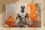 Seated male figure in charcoal and vivid orange, mixed-media portrait canvas wall art for contemporary living room