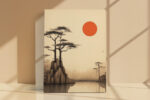 Pine cliff and crimson sun disc ink-drawing landscape in warm cream and burnt red, japandi wall art for bedroom