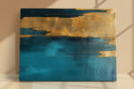 Abstract teal and gold canvas print with torn amber layer and fine horizontal lines, dramatic wall art for living room