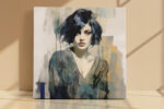 Semi-realistic woman portrait with teal-grey and ochre brushstrokes, mixed-media square canvas art for living room or bedroom