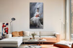 Seated woman in white kimono with heron and terracotta-red guitar before waterfall, serene portrait canvas wall art