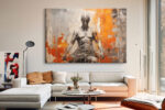 Seated male figure in charcoal and vivid orange, mixed-media portrait canvas wall art for contemporary living room