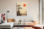 Pine cliff and crimson sun disc ink-drawing landscape in warm cream and burnt red, japandi wall art for bedroom