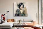 Semi-realistic woman portrait with teal-grey and ochre brushstrokes, mixed-media square canvas art for living room or bedroom