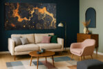 Fluid amber swirls and bubble forms on deep charcoal navy, bold abstract panoramic wall art canvas for living room