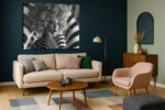 Female figure with spiral curly hair in black and white digital art portrait canvas for living room or home office