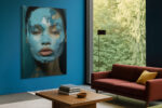 Close-up face with blue impasto paint strokes in teal and warm beige, dramatic portrait digital art canvas for living room