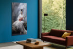 Seated woman in white kimono with heron and terracotta-red guitar before waterfall, serene portrait canvas wall art