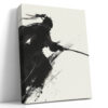 Samurai silhouette with katana in expressive ink-wash style, black on cream, japandi wall art for home office