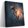 Flame-petal flower silhouette glowing in burnt orange and dark slate blue, moody botanical portrait canvas wall art