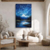 Starry night sky with diagonal star trails over snow-capped mountain, cobalt blue acrylic canvas wall art