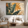 Tropical monstera and banana leaves in teal and amber, bohemian botanical mixed-media canvas print for living room
