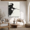Samurai silhouette with katana in expressive ink-wash style, black on cream, japandi wall art for home office