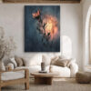 Flame-petal flower silhouette glowing in burnt orange and dark slate blue, moody botanical portrait canvas wall art