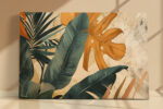 Tropical monstera and banana leaves in teal and amber, bohemian botanical mixed-media canvas print for living room