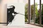 Samurai silhouette with katana in expressive ink-wash style, black on cream, japandi wall art for home office