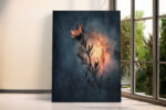 Flame-petal flower silhouette glowing in burnt orange and dark slate blue, moody botanical portrait canvas wall art