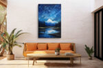 Starry night sky with diagonal star trails over snow-capped mountain, cobalt blue acrylic canvas wall art