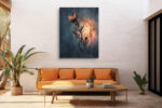 Flame-petal flower silhouette glowing in burnt orange and dark slate blue, moody botanical portrait canvas wall art