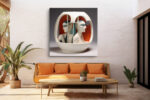 Two mirrored female busts in a scarlet arch vessel, art deco digital art canvas for living room or home office