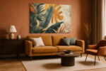 Tropical monstera and banana leaves in teal and amber, bohemian botanical mixed-media canvas print for living room