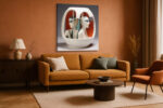 Two mirrored female busts in a scarlet arch vessel, art deco digital art canvas for living room or home office