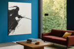 Samurai silhouette with katana in expressive ink-wash style, black on cream, japandi wall art for home office