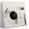 Black circle and sweeping arc with grey brushstroke blocks and amber-gold accent, geometric minimalist canvas for living room