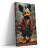 Cartoon duck in crimson jacket and teal trousers on a city street, bold pop art digital canvas for living room or home office