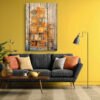 Architectural building cross-section in amber and grey, mixed-media wall art canvas for living room or home office