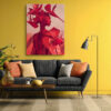 Profile figure in geometric crimson garment with tropical leaf headdress and origami cranes, bold digital art canvas print
