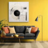 Black circle and sweeping arc with grey brushstroke blocks and amber-gold accent, geometric minimalist canvas for living room