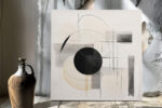 Black circle and sweeping arc with grey brushstroke blocks and amber-gold accent, geometric minimalist canvas for living room