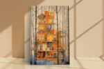 Architectural building cross-section in amber and grey, mixed-media wall art canvas for living room or home office