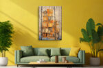 Architectural building cross-section in amber and grey, mixed-media wall art canvas for living room or home office