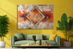 Concentric diamond motif on cracked plaster in burnt orange and charcoal, bold abstract mixed-media wall art canvas