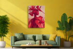Profile figure in geometric crimson garment with tropical leaf headdress and origami cranes, bold digital art canvas print