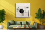 Black circle and sweeping arc with grey brushstroke blocks and amber-gold accent, geometric minimalist canvas for living room
