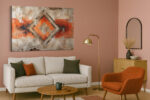 Concentric diamond motif on cracked plaster in burnt orange and charcoal, bold abstract mixed-media wall art canvas
