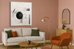 Black circle and sweeping arc with grey brushstroke blocks and amber-gold accent, geometric minimalist canvas for living room