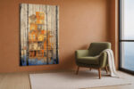 Architectural building cross-section in amber and grey, mixed-media wall art canvas for living room or home office