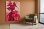 Profile figure in geometric crimson garment with tropical leaf headdress and origami cranes, bold digital art canvas print