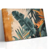 Banana leaves and bird of paradise bloom in dark teal and amber, botanical mixed-media wall art canvas for living room