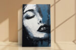 Female portrait in off-white and steel blue, impasto oil painting style wall art canvas for living room or bedroom