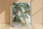 Translucent jade mountains with gold kintsugi veining and pine trees, serene digital art canvas for bedroom