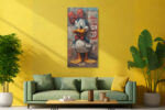 Cartoon duck in red sailor hat and teal jacket on a graffiti brick wall, bold street-art style canvas print