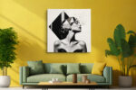 Woman's profile with black diamond geometric shards and ink splatter, bold monochrome mixed-media canvas wall art