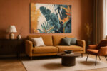 Banana leaves and bird of paradise bloom in dark teal and amber, botanical mixed-media wall art canvas for living room