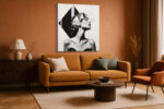 Woman's profile with black diamond geometric shards and ink splatter, bold monochrome mixed-media canvas wall art