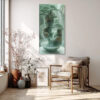 Tiered jade stone sculpture with bonsai trees and cascading waterfalls in sage green, serene japandi wall art canvas